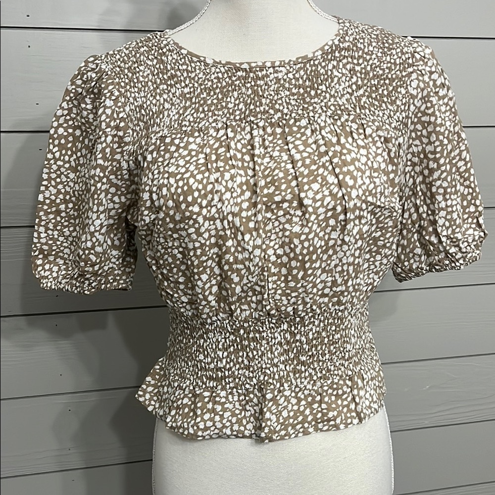 Women's Brown and White Smocked Top